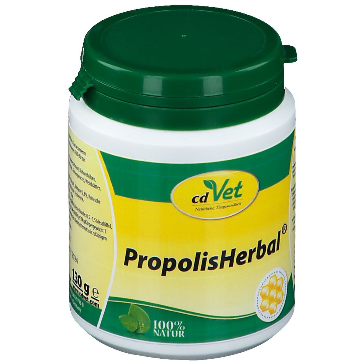 Récipient blanc avec couvercle vert. Inscription: cdVet PropolisHerbal®. 130g. 100% naturel. Capsules jaunes illustrées.