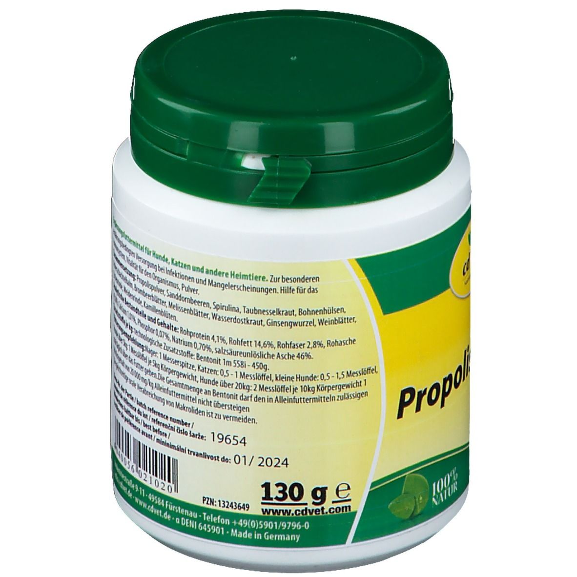 Dos du récipient blanc avec couvercle vert. Inscription: cdVet PropolisHerbal®. 130g. A consommer de préférence avant 01/2024.