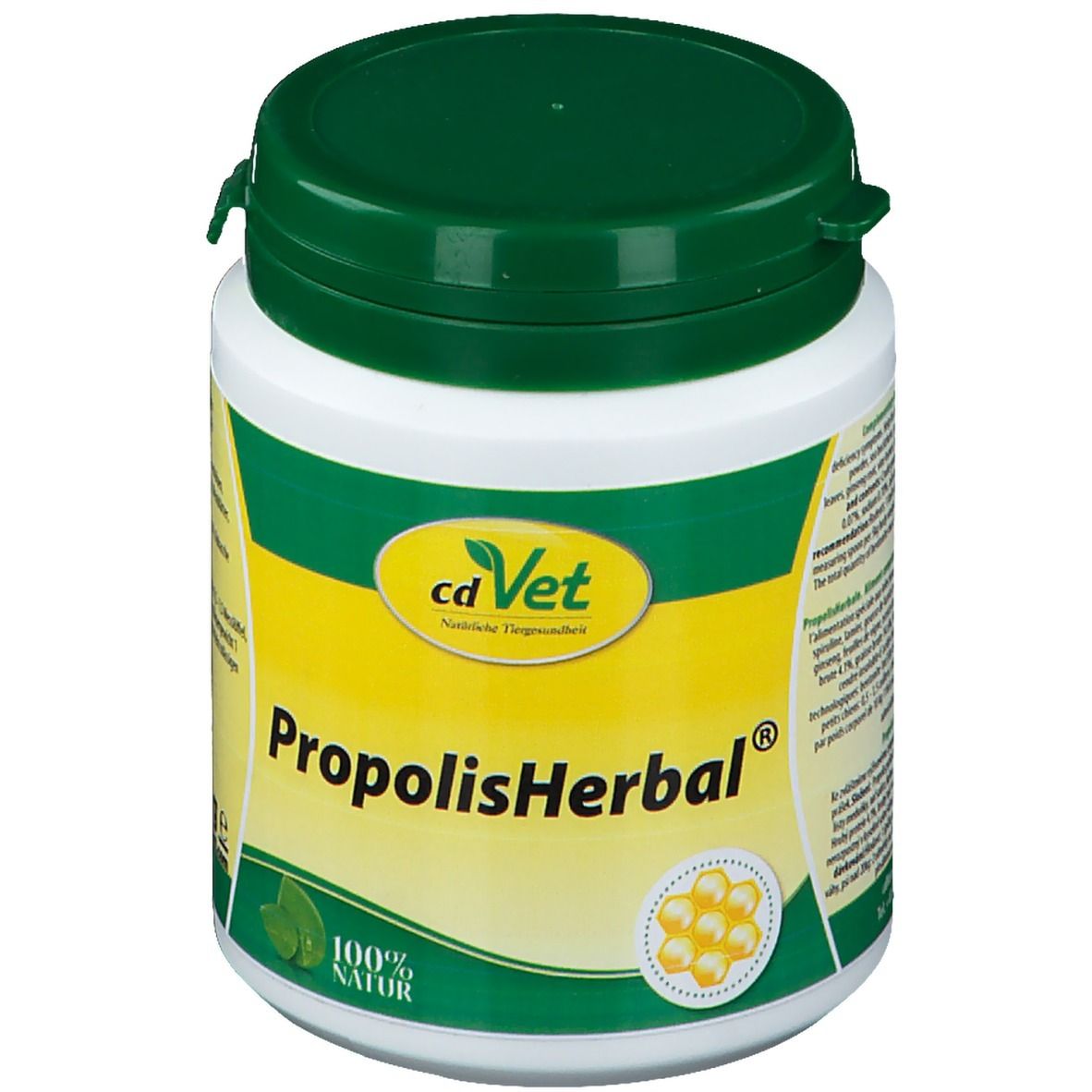 Récipient blanc avec couvercle vert. Inscription: cdVet PropolisHerbal®. Capsules jaunes illustrées. 100% naturel.