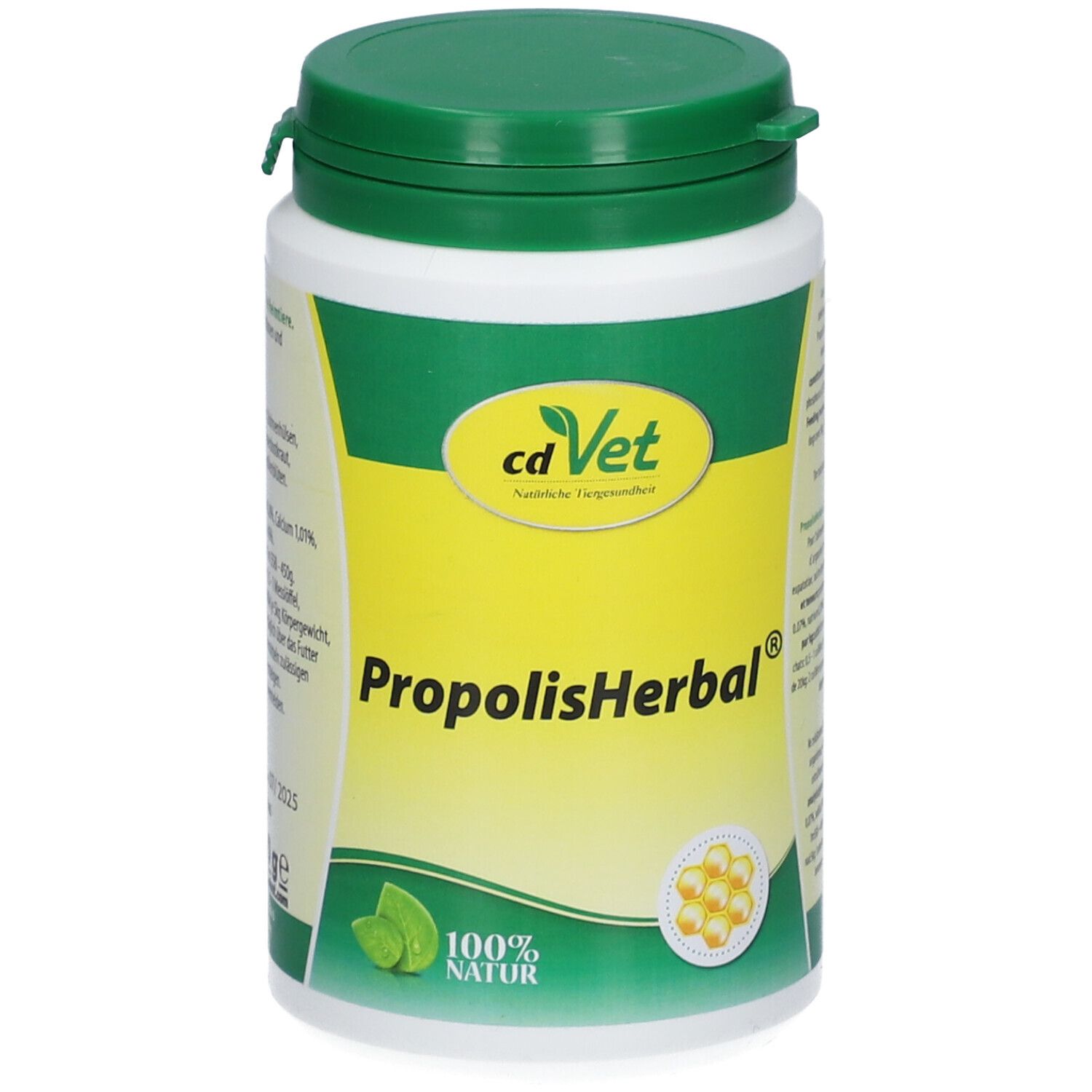 Boîte blanche à couvercle vert. Inscription : cdVet PropolisHerbal®. Fond jaune avec image du produit et 100% naturel.