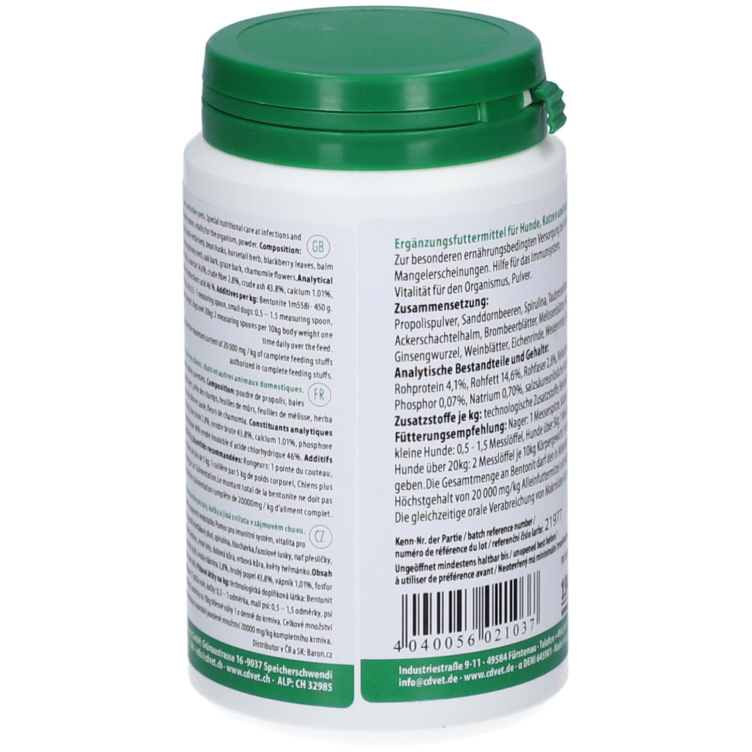 Dos de la boîte blanche à couvercle vert. Informations textuelles, ingrédients, recommandation d'alimentation, numéro de lot, fabricant.