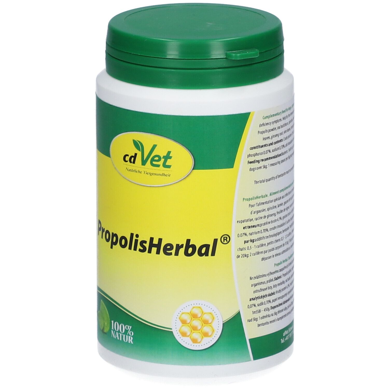 Boîte blanche à couvercle vert. Inscription : cdVet PropolisHerbal®. Fond jaune avec image du produit et 100% naturel.