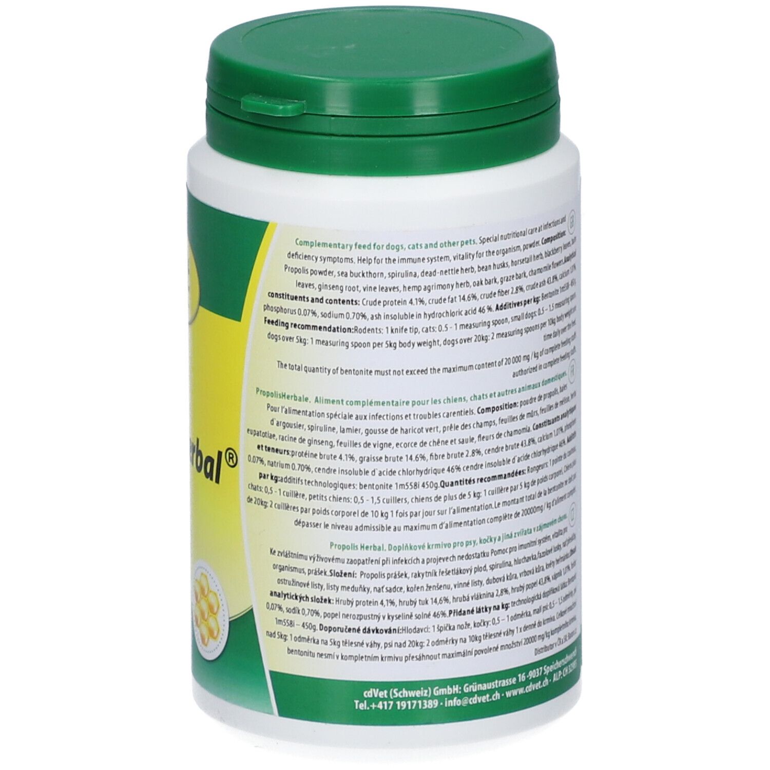 Dos de la boîte blanche à couvercle vert. Informations textuelles, ingrédients, recommandation d'alimentation, numéro de lot, fabricant.