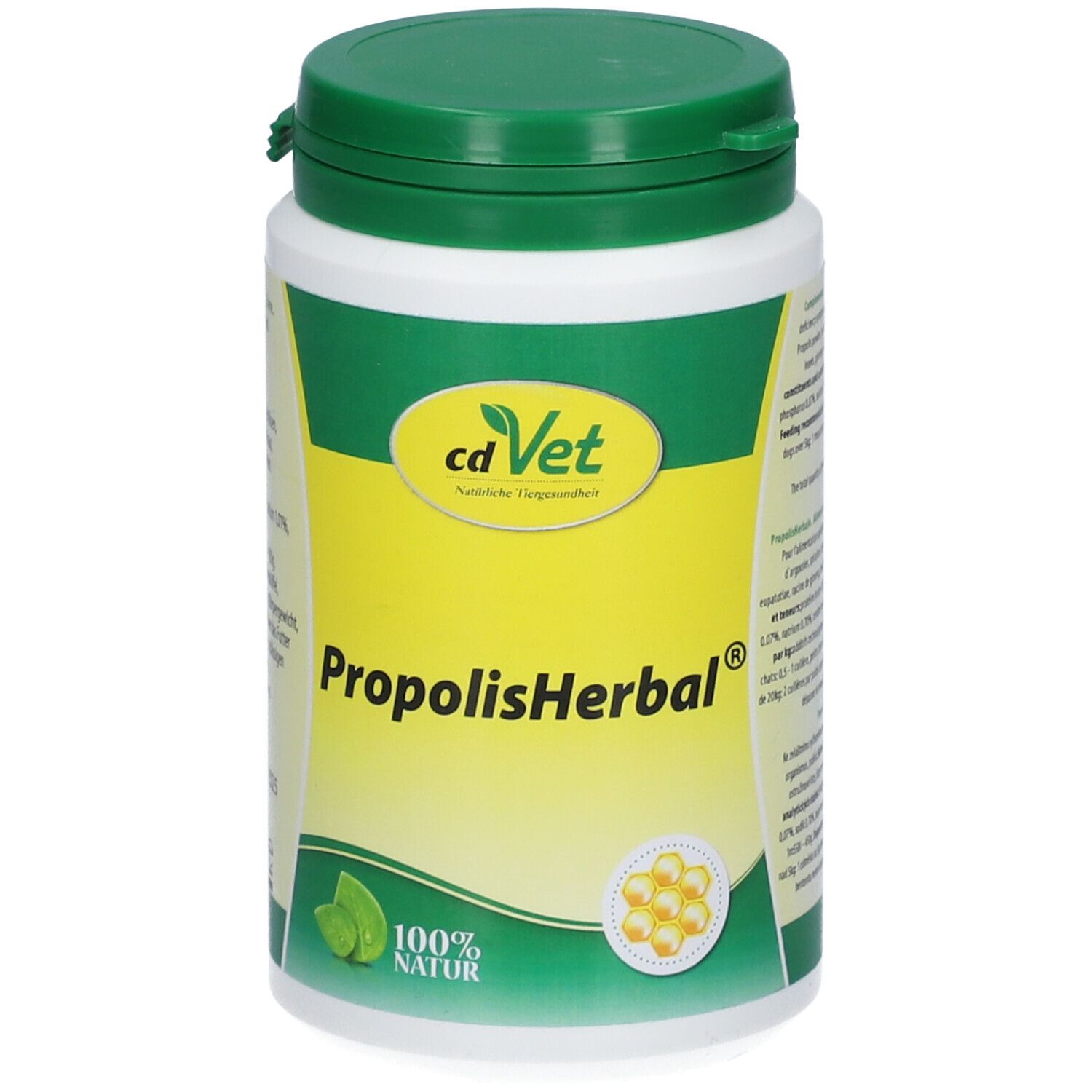Boîte blanche à couvercle vert. Inscription : cdVet PropolisHerbal®. Fond jaune avec image du produit et 100% naturel.