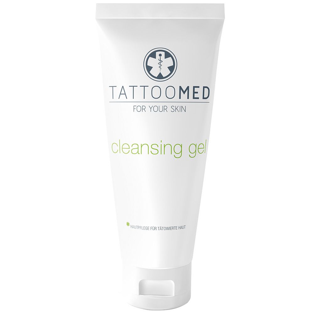 Tube blanc avec logo et texte 'TattooMed cleansing gel'. Texte vert sur le tube.