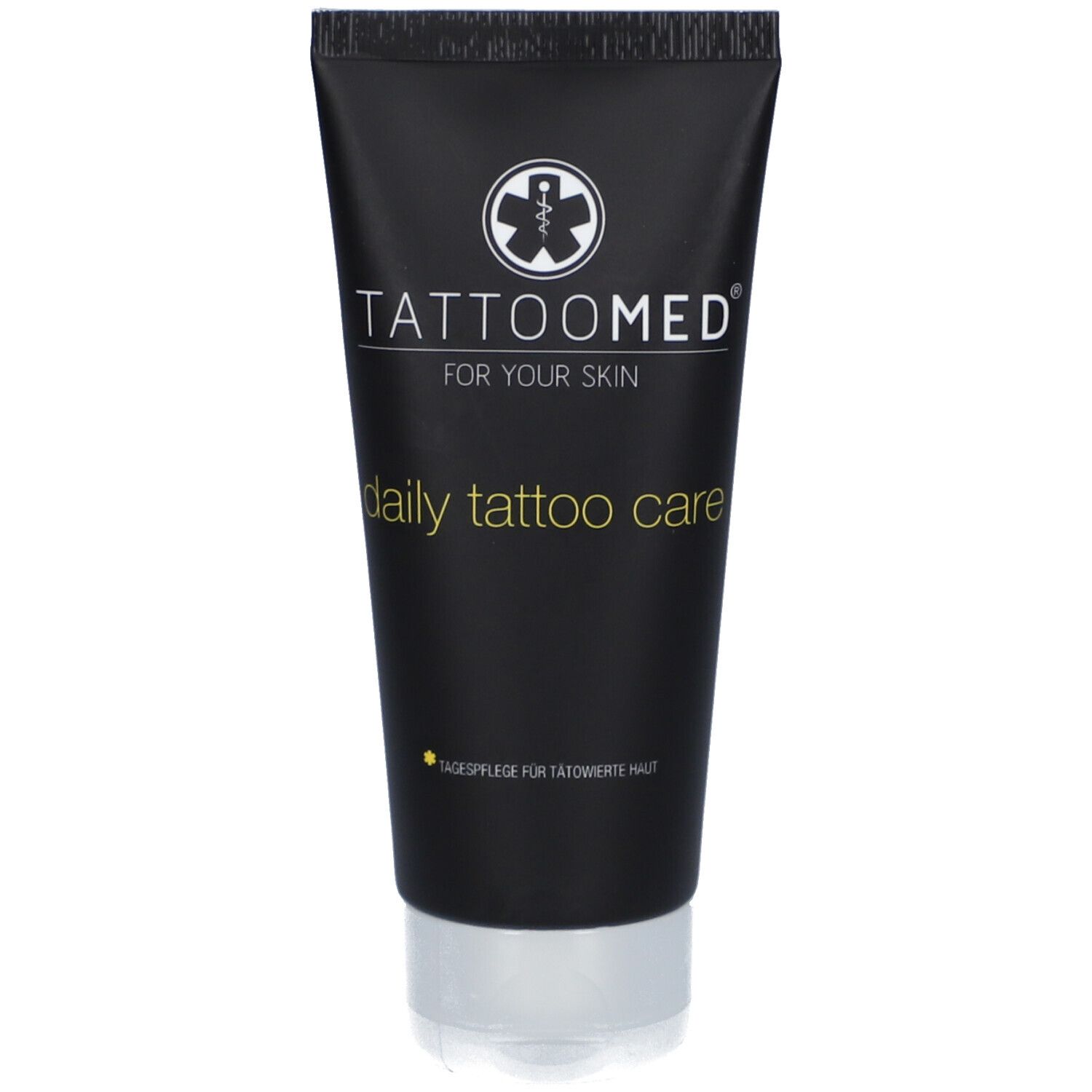 Tube noire TattooMed daily tattoo care. Inscription et logo blancs. Bouchon transparent.