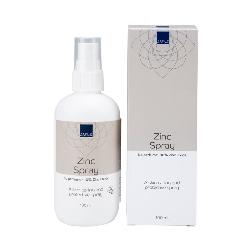 ABENA Zinc Spray et emballage. Flacon blanc avec spray et carton. 10% oxyde de zinc, 100 ml.