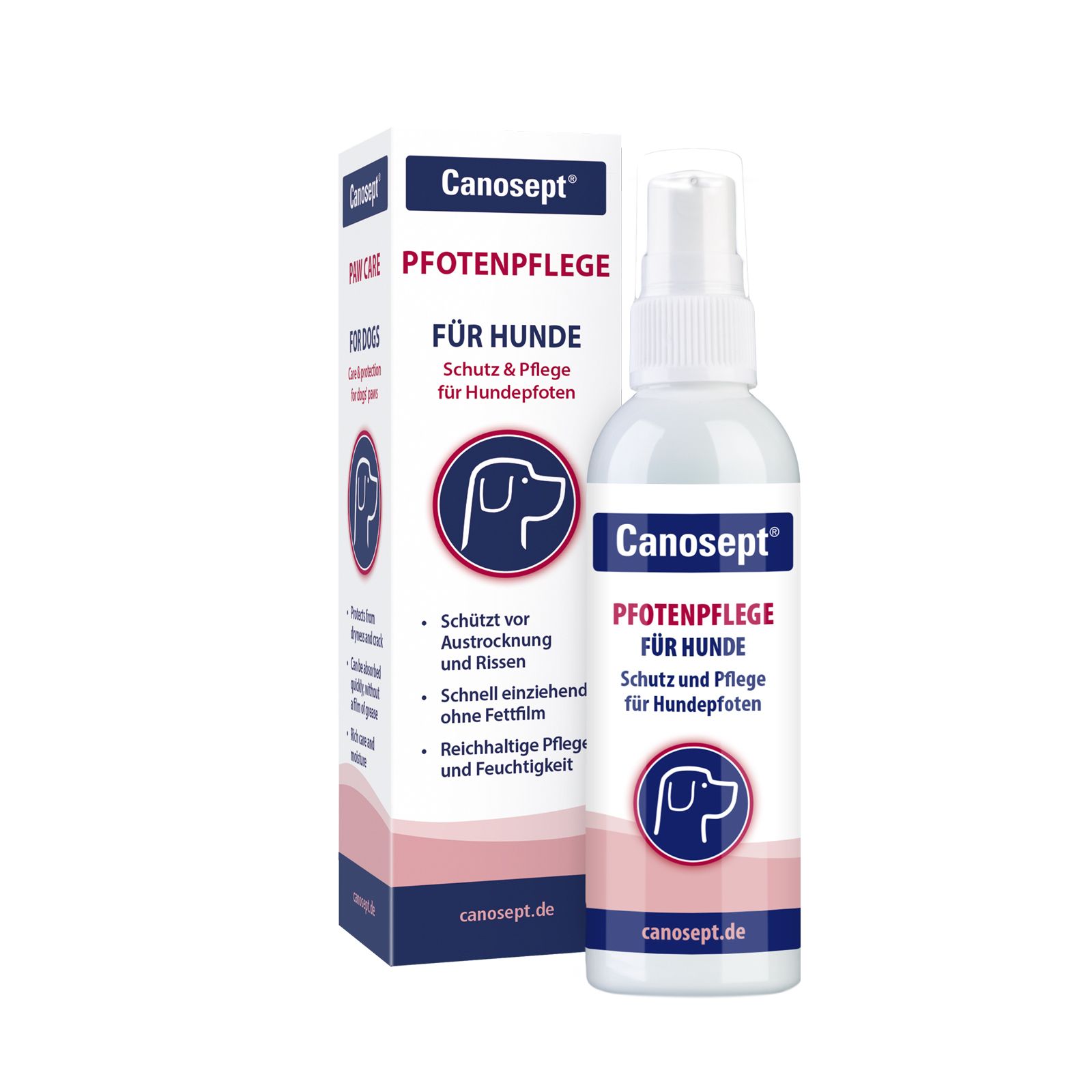 Canosept Pfotenpflege pour chiens. Flacon spray et emballage. Nom du produit et logo visibles.