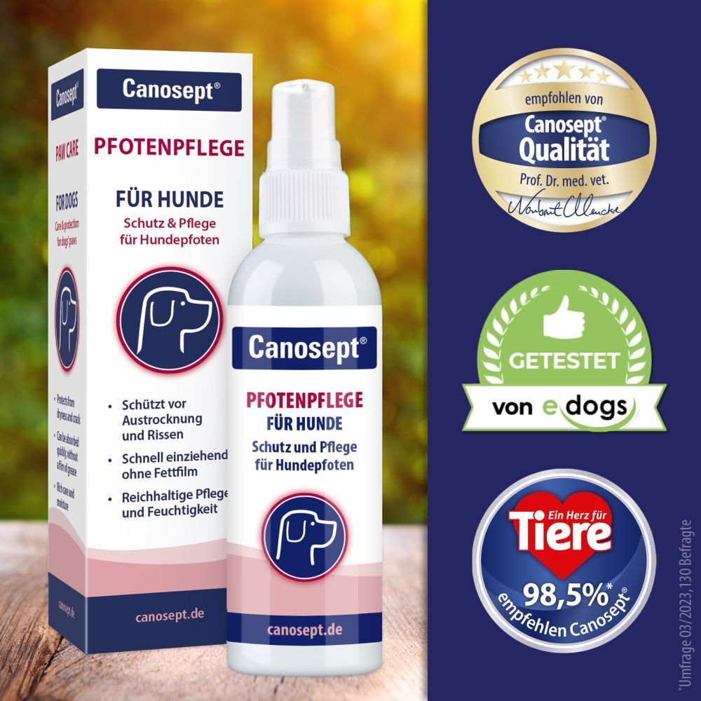 Canosept Pfotenpflege pour chiens. Flacon spray et emballage. Logos et labels de qualité.