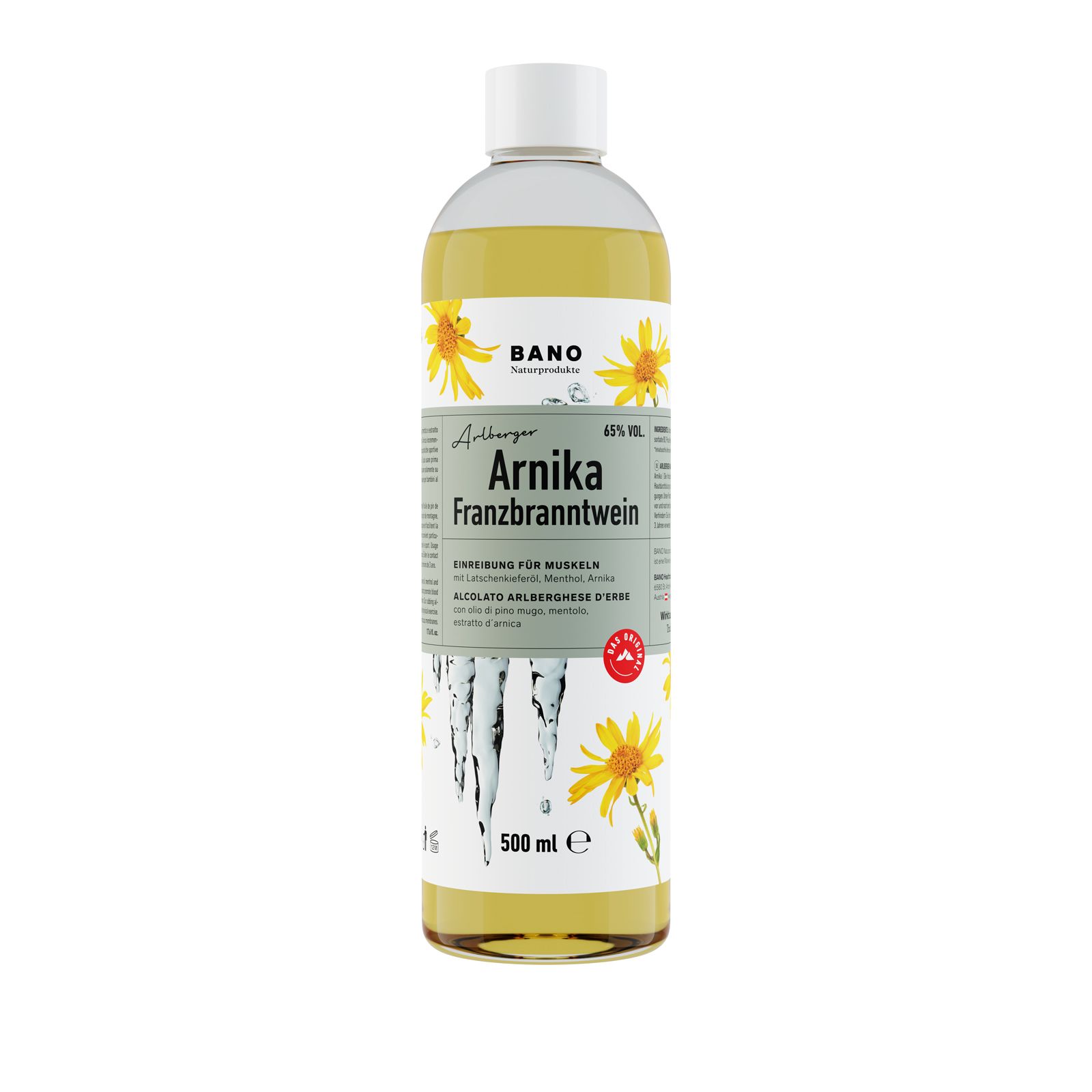 Bouteille de Franzbranntwein à l'arnica. Liquide jaune, bouchon blanc. Étiquette avec nom du produit, fleurs d'arnica.