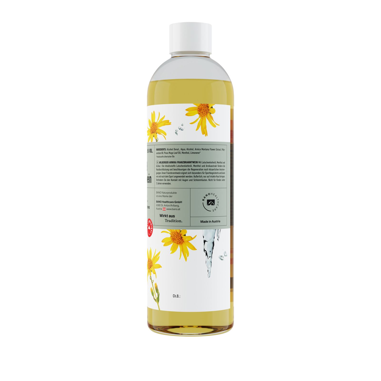 Dos de la bouteille de Franzbranntwein à l'arnica. Texte sur l'étiquette, fleurs jaunes, bouchon blanc.