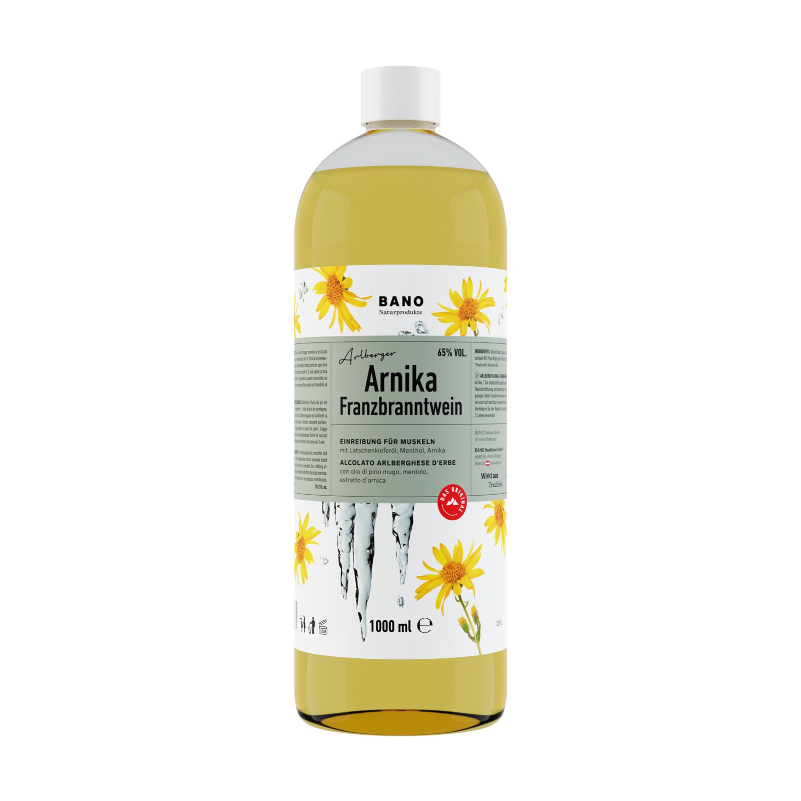 BANO Arlberger Arnika Franzbranntwein. Bouteille de liquide jaune, bouchon blanc et étiquette avec texte et fleurs.
