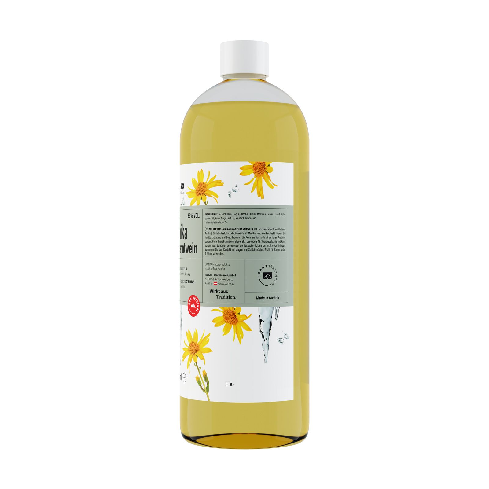 BANO Arlberger Arnika Franzbranntwein. Bouteille de liquide jaune, bouchon blanc et étiquette avec texte.