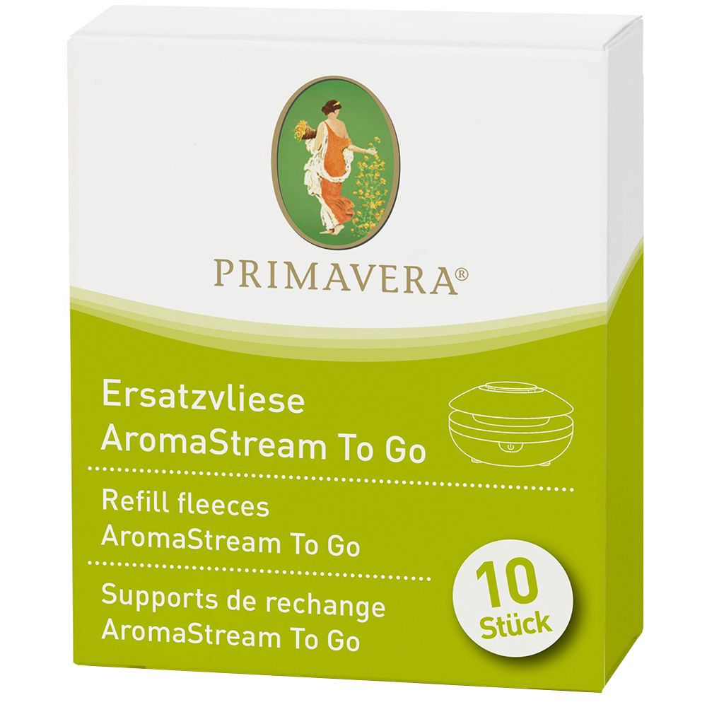 Boîte de recharges. Inscription: PRIMAVERA, Ersatzvliese AromaStream To Go, 10 pièces.
