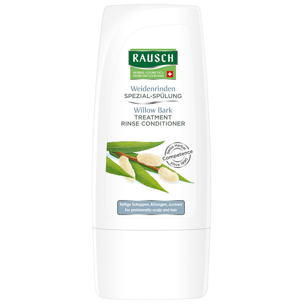 Flacon de Weidenrinden Spezial-Spülung. Blanc, étiquette verte. Texte : Rausch, Willow Bark Treatment Rinse Conditioner.