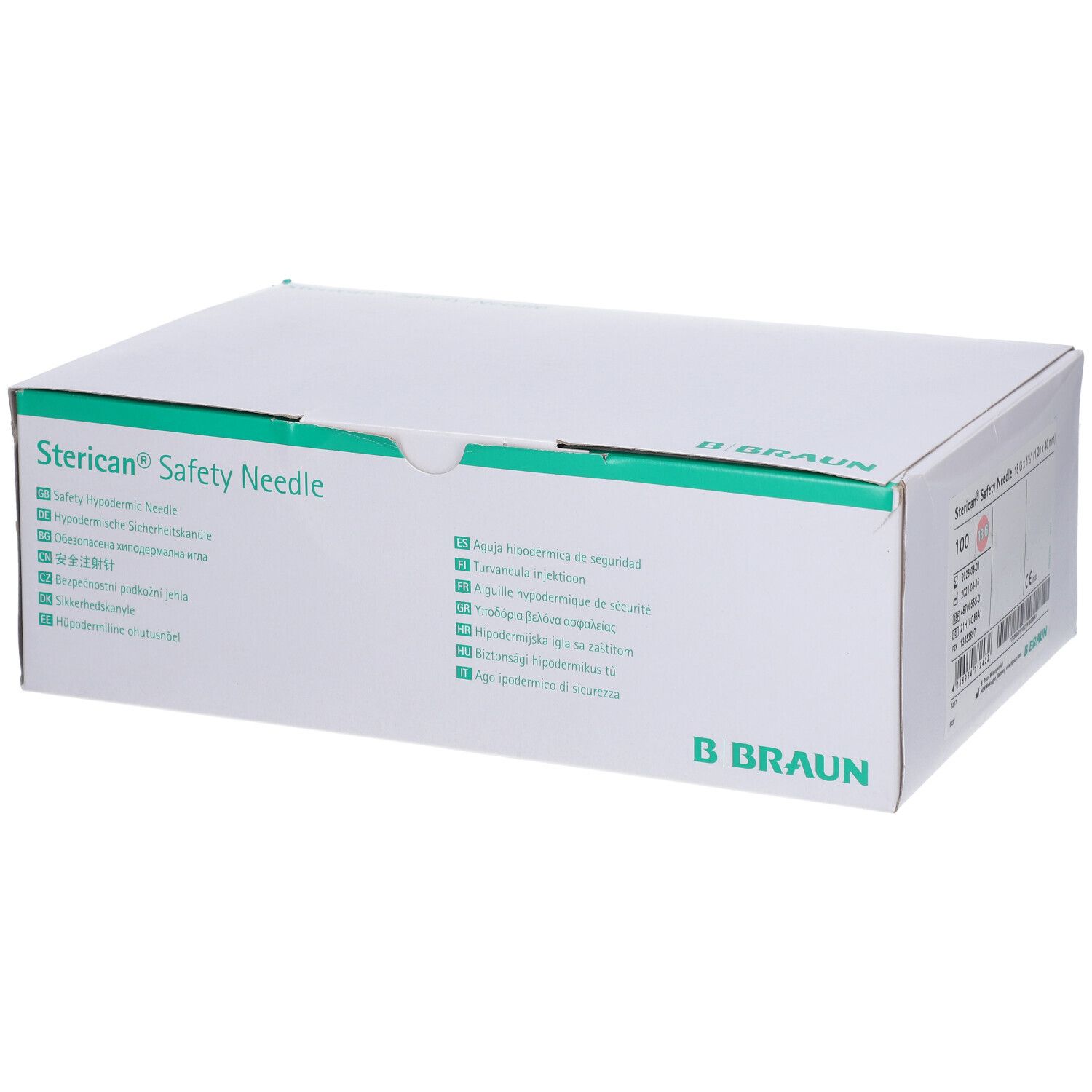 Boîte blanche avec accents verts. Inscription : Sterican® Safety Needle. Logo B. Braun. Informations produit multilingues.