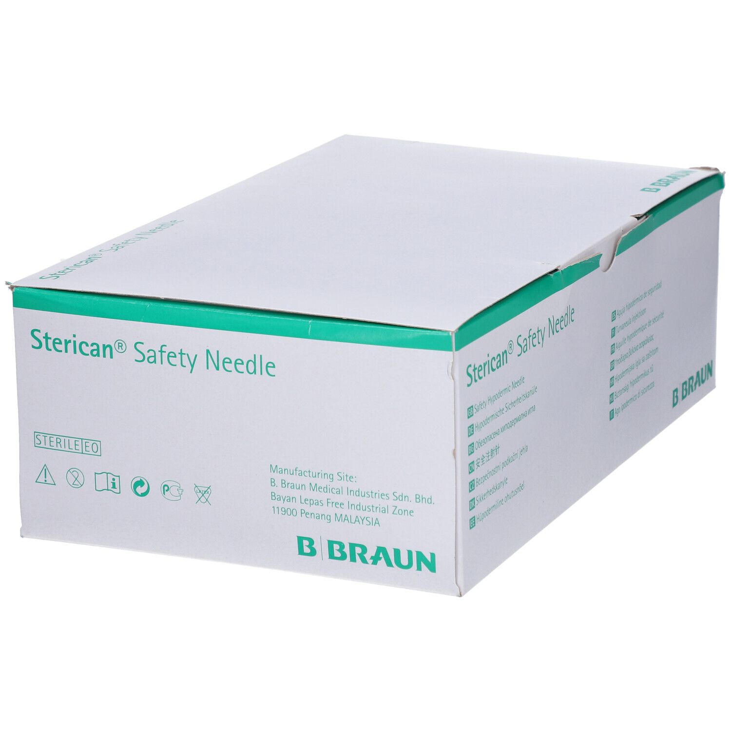 Boîte blanche avec accents verts. Inscription : Sterican® Safety Needle. Logo B. Braun. Symbole Stérile. Lieu de fabrication : Malaisie.