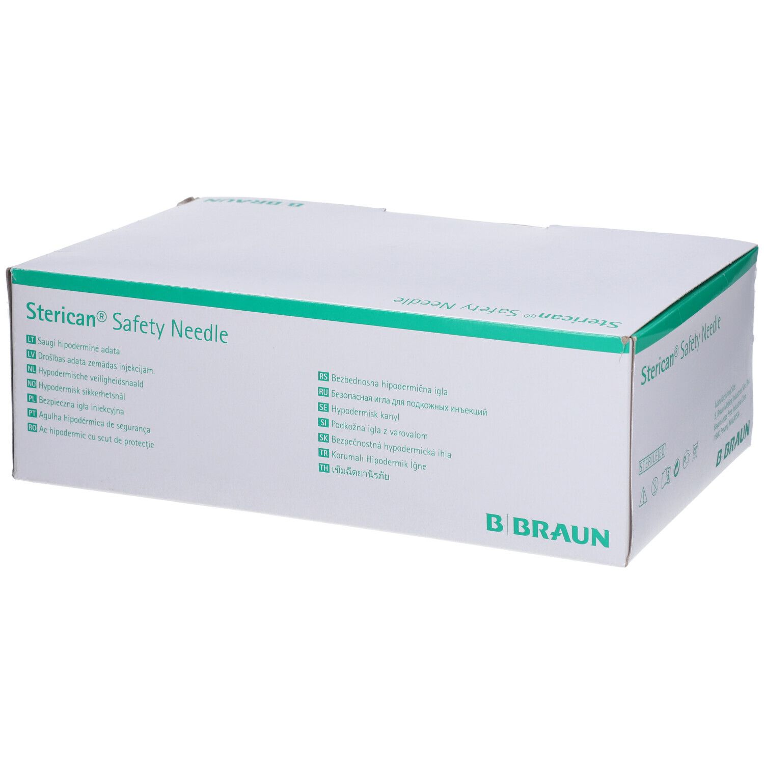 Boîte blanche avec accents verts. Inscription : Sterican® Safety Needle. Logo B. Braun. Informations produit multilingues.