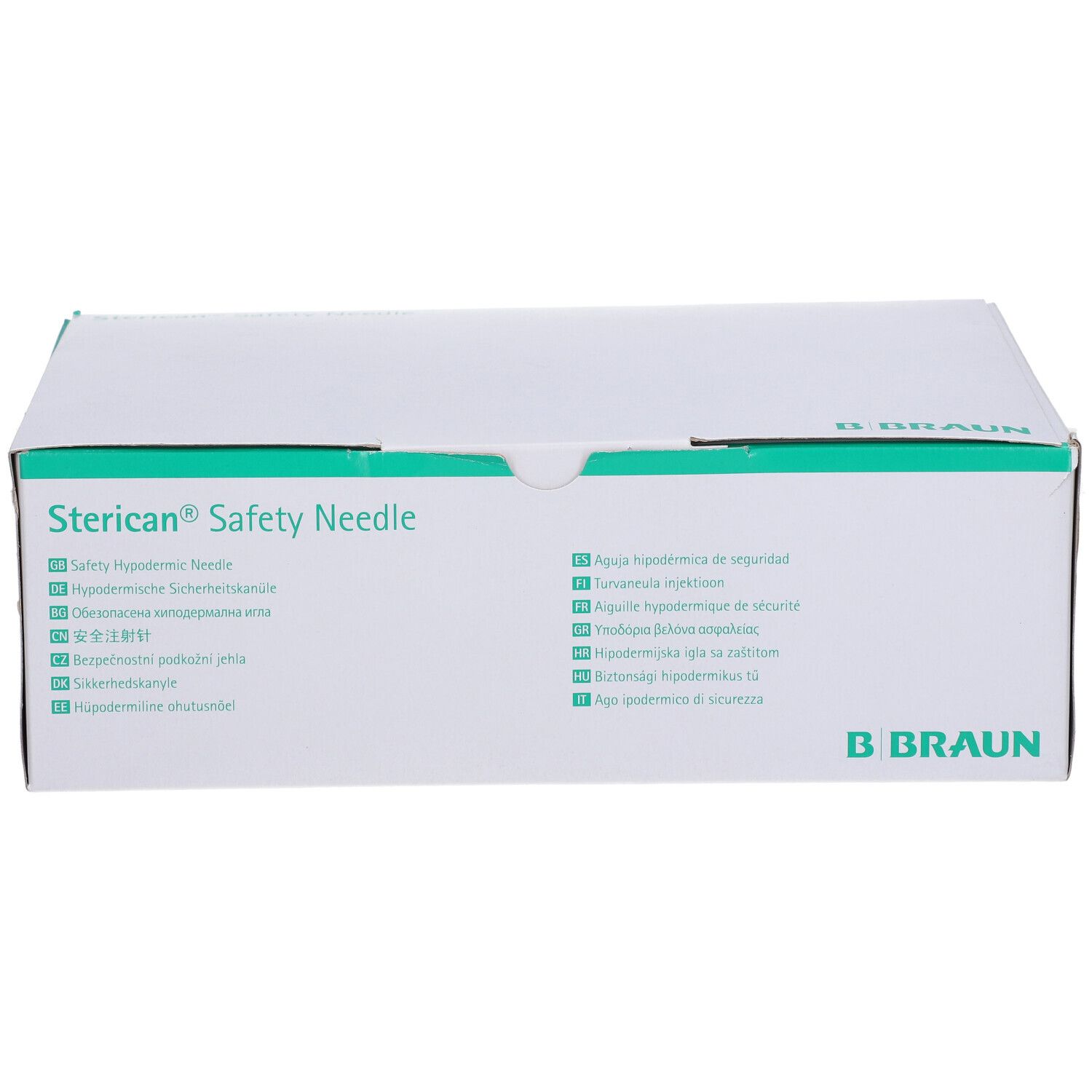 Boîte blanche avec accents verts. Inscription : Sterican® Safety Needle. Logo B. Braun. Informations produit multilingues.