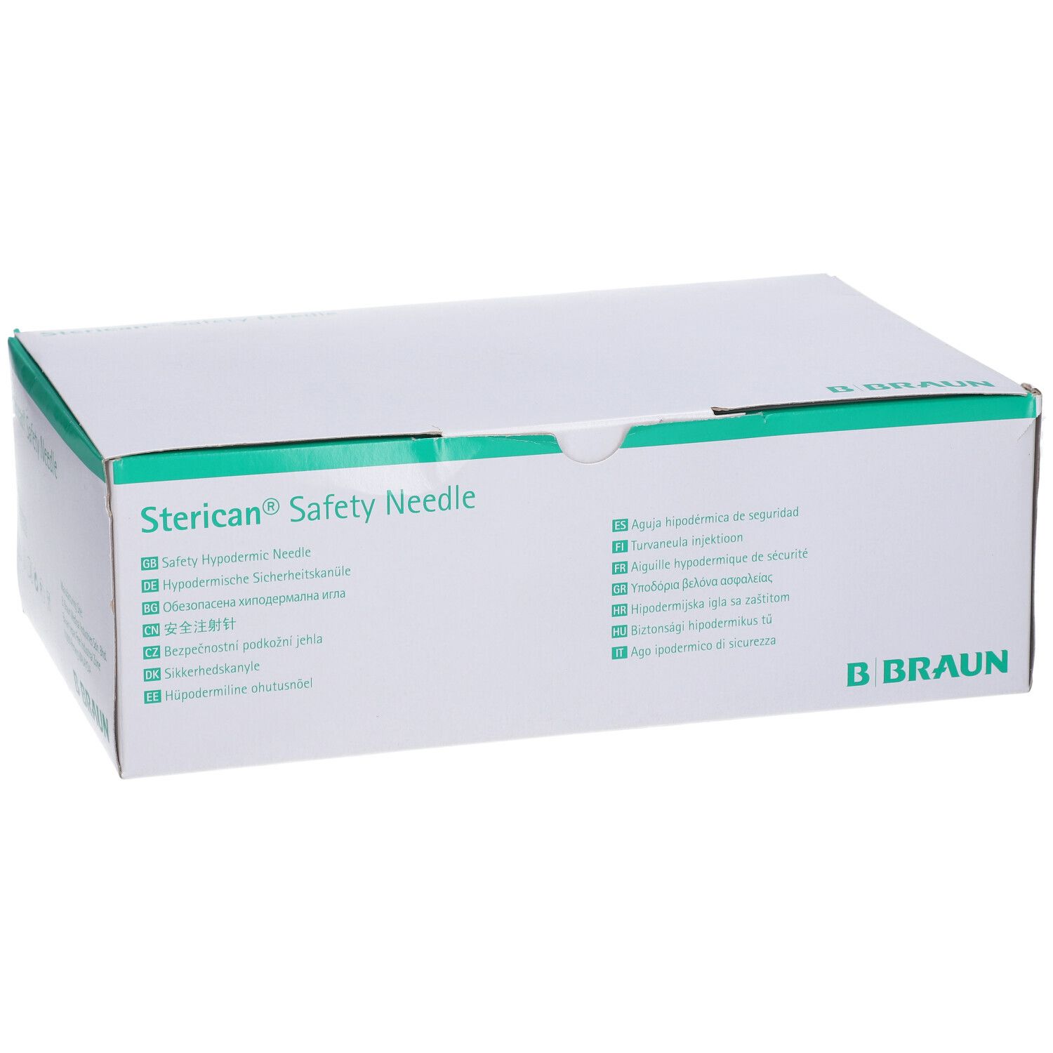 Boîte blanche avec accents verts. Inscription : Sterican® Safety Needle. Logo B. Braun. Informations produit multilingues.