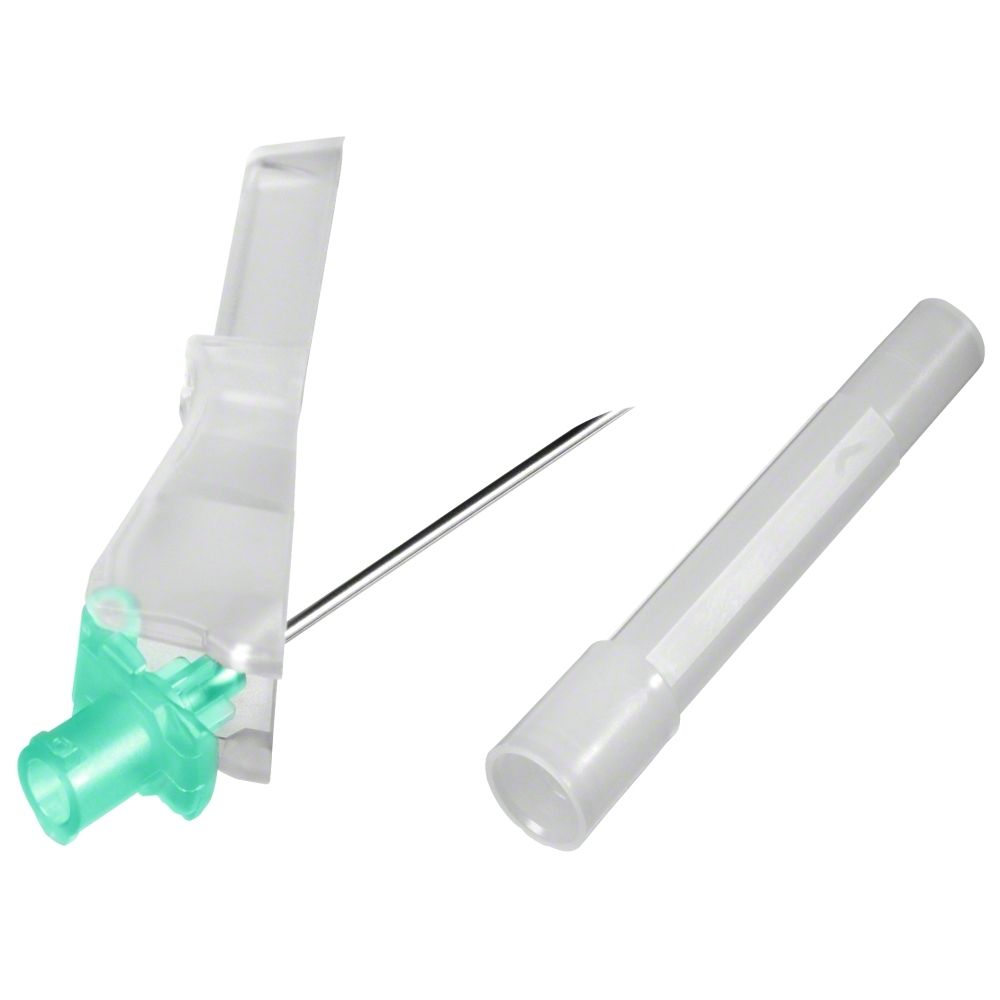 Aiguille avec embase verte et dispositif de sécurité. Cylindre transparent séparé.