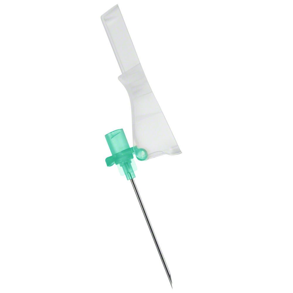 Aiguille avec embase verte et dispositif de sécurité. Pointe vers le bas.