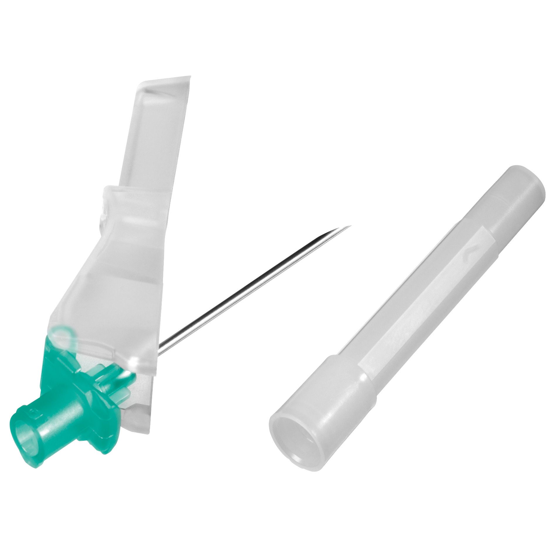 Aiguille avec embase verte et capuchon de protection. Composants d'une aiguille d'injection. Sterican® Safety.