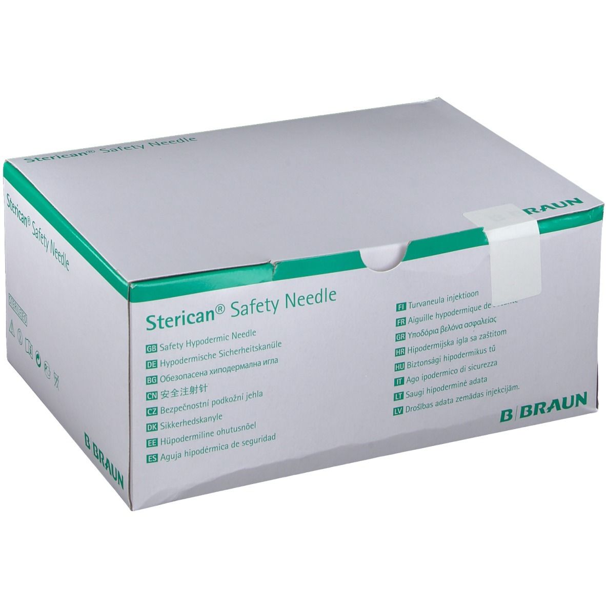 Boîte "Sterican® Safety Needle". Logo B. Braun. Emballage vert et blanc.