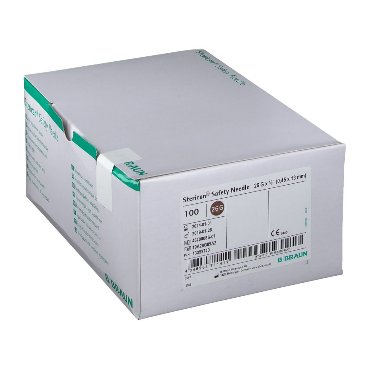 Boîte "Sterican® Safety Needle" de 100 aiguilles. 26G x 1/2 (0,45 x 13 mm). Logo B. Braun.