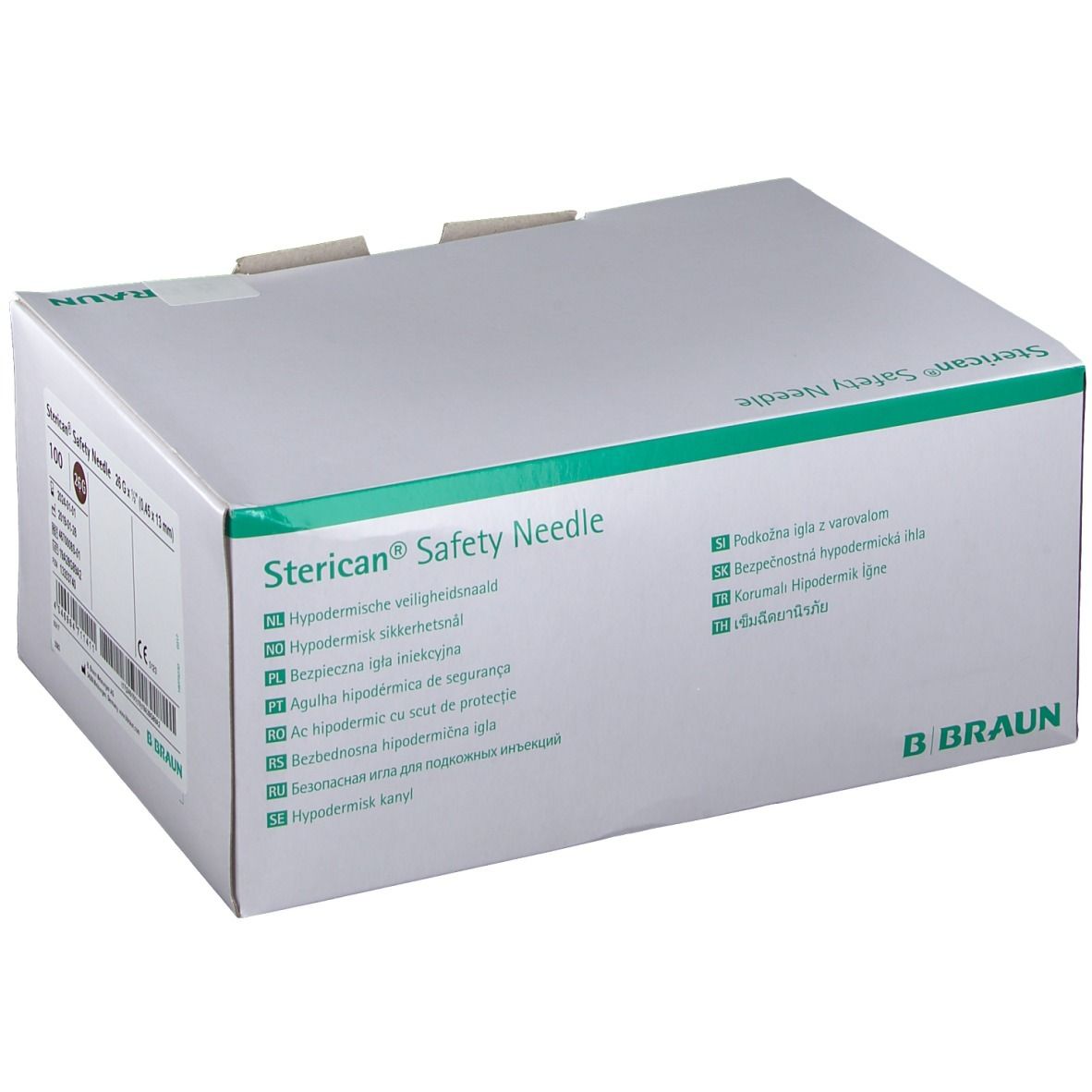 Boîte "Sterican® Safety Needle". Logo B. Braun. Emballage vert et blanc. Inscriptions multilingues.