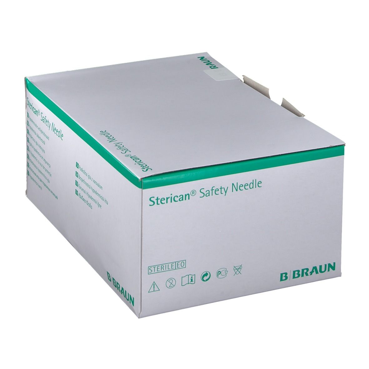 Boîte "Sterican® Safety Needle". Logo B. Braun. Emballage vert et blanc. Marquage stérile.