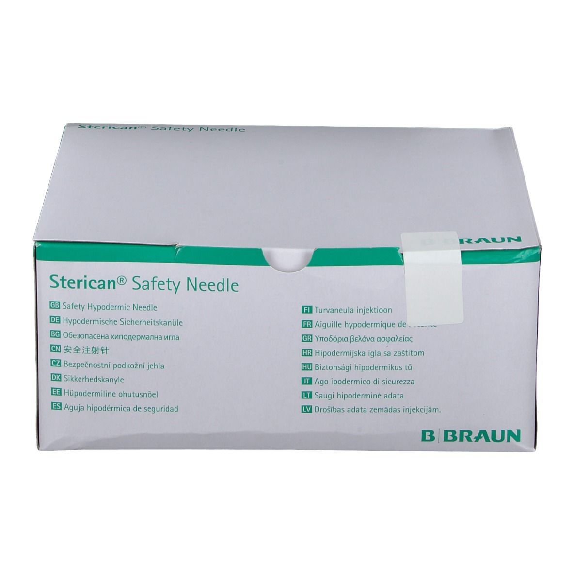Boîte "Sterican® Safety Needle". Logo B. Braun. Emballage vert et blanc. Inscriptions multilingues.