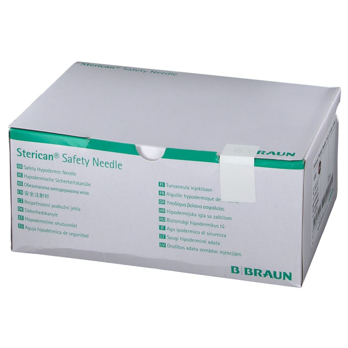 Boîte "Sterican® Safety Needle". Logo B. Braun. Emballage vert et blanc. Inscriptions multilingues.