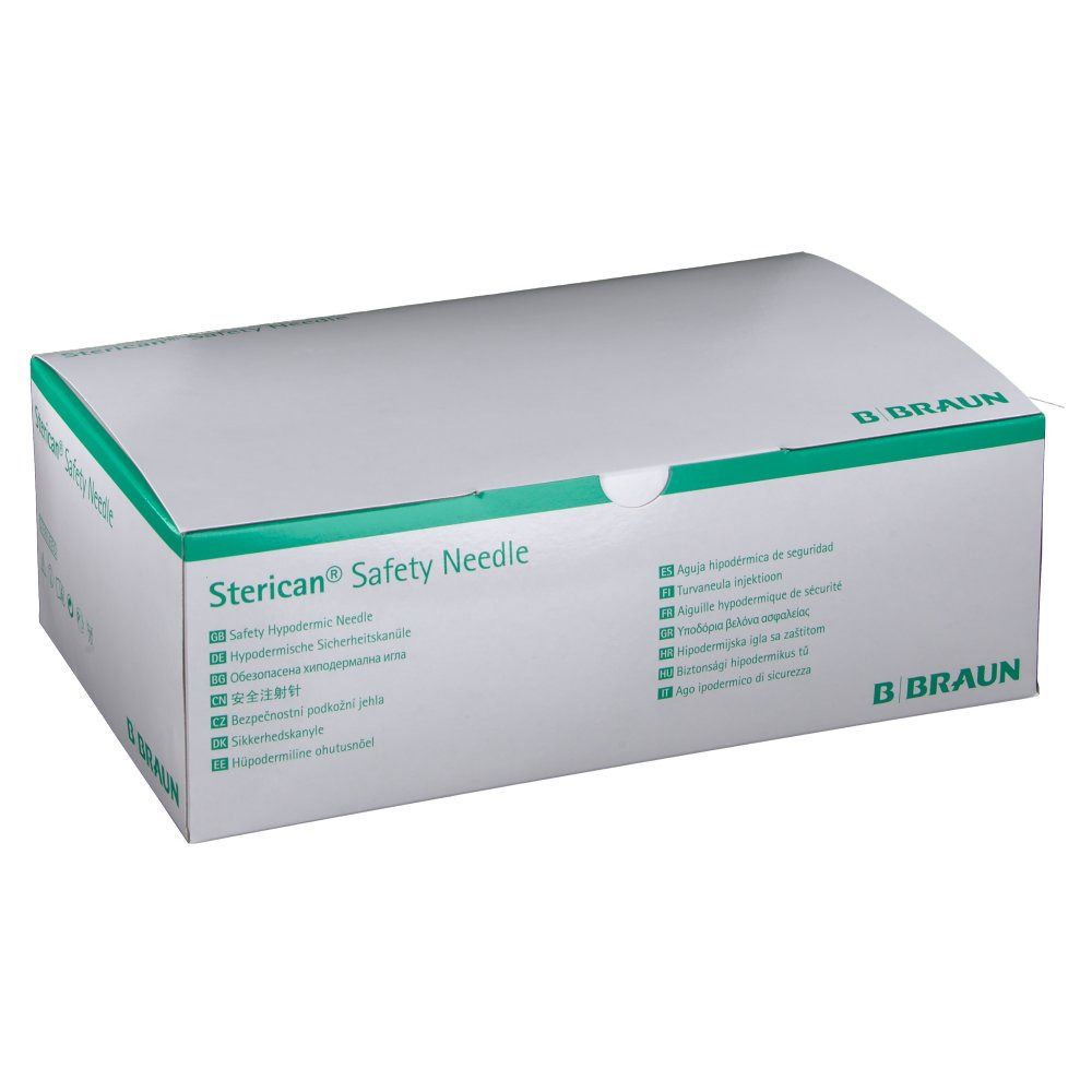 Boîte "Sterican Safety Needle". Emballage vert et blanc avec logo B. Braun. Informations produit multilingues.