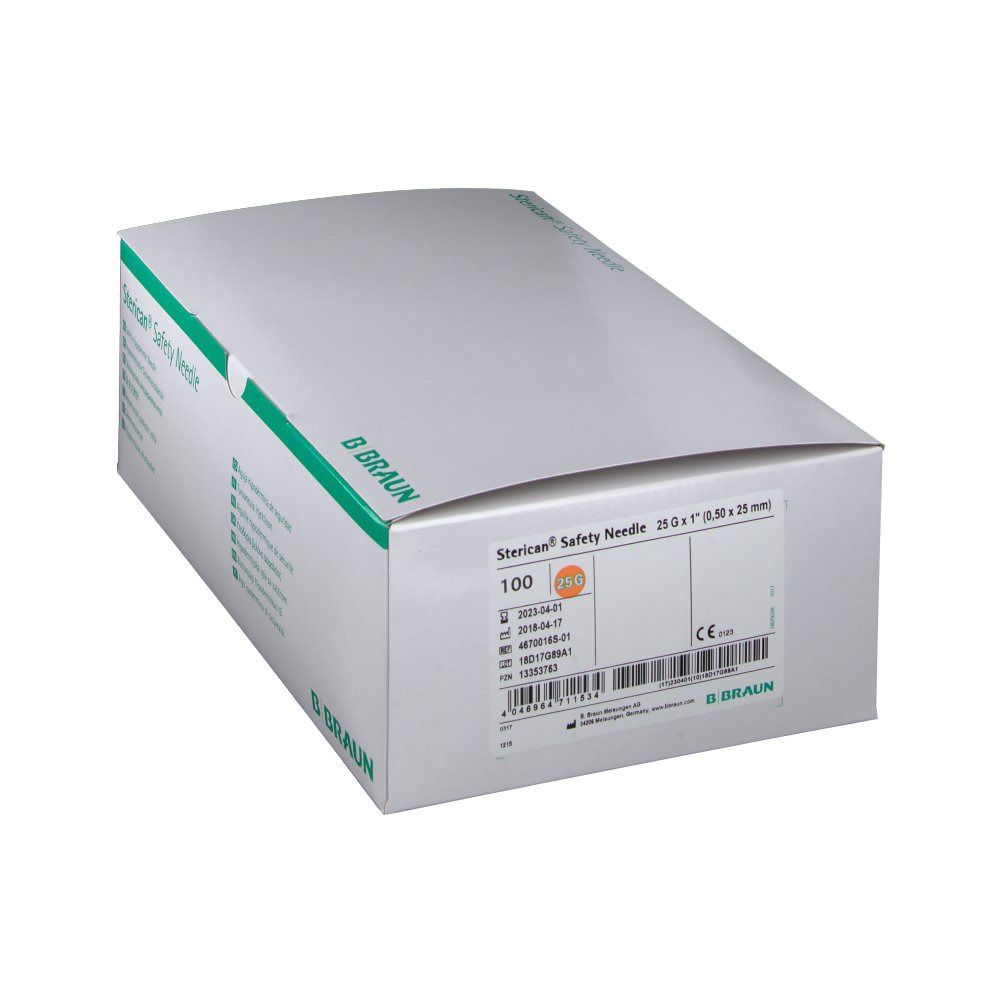 Boîte "Sterican Safety Needle". Contient 100 pièces. Informations produit et code-barres. Logo B. Braun.