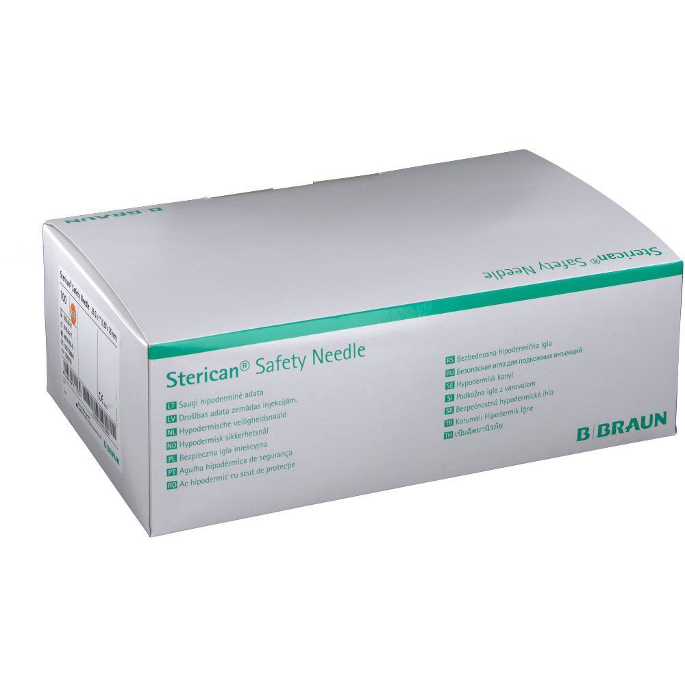Boîte "Sterican Safety Needle". Emballage vert et blanc avec logo B. Braun. Informations produit multilingues.