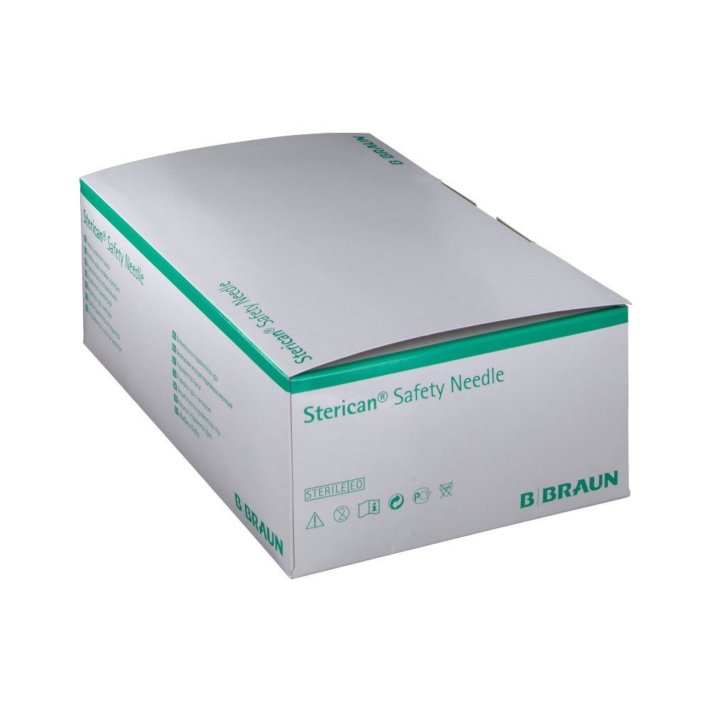 Boîte "Sterican Safety Needle". Emballage vert et blanc avec logo B. Braun. Informations produit et symboles.