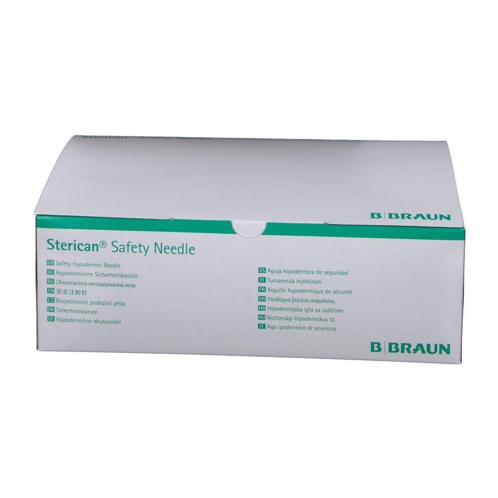 Boîte "Sterican Safety Needle". Emballage vert et blanc avec logo B. Braun. Informations produit multilingues.