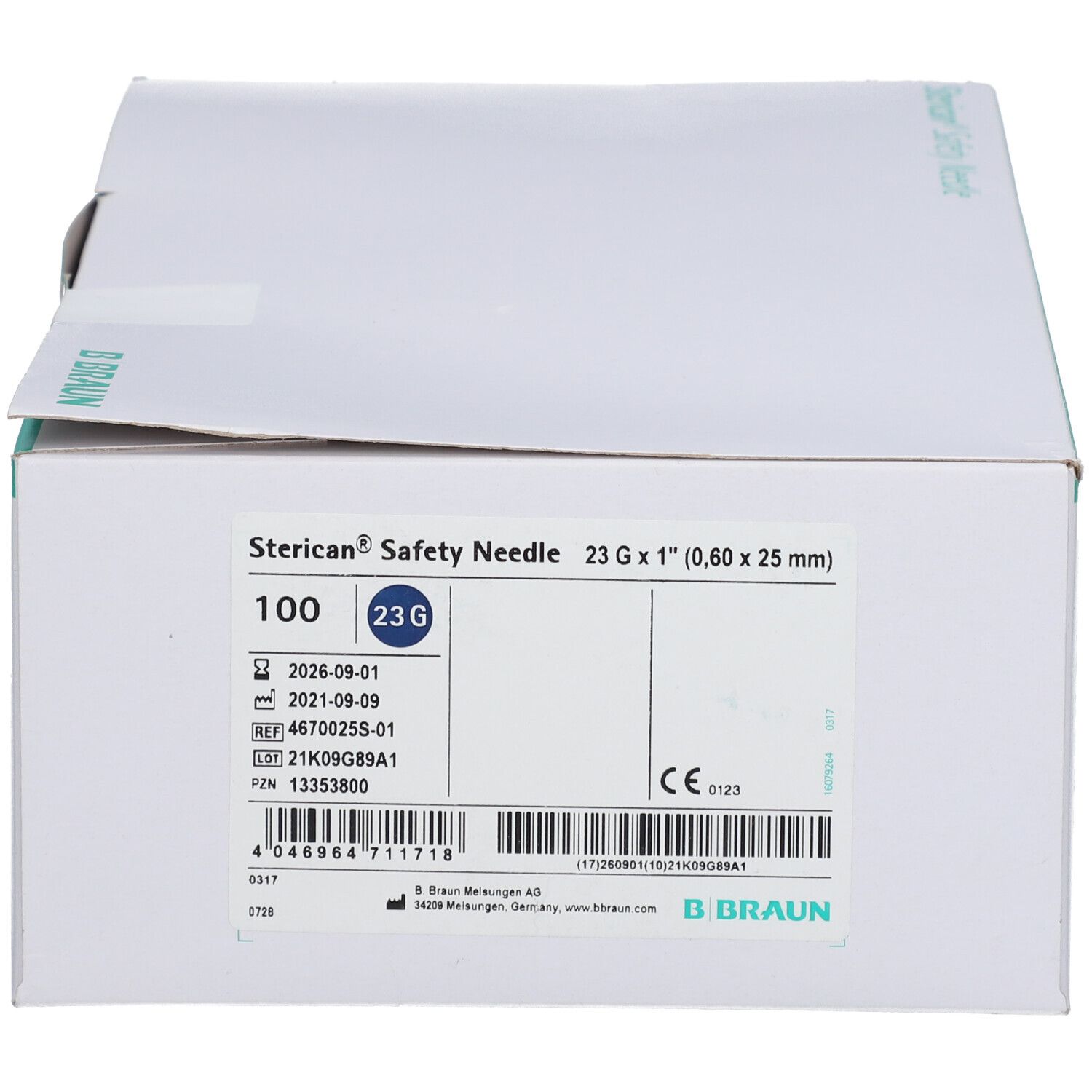 Boîte Sterican® Safety Needle, 23 G x 1", 100 unités. Marquage CE et numéro de lot visibles.