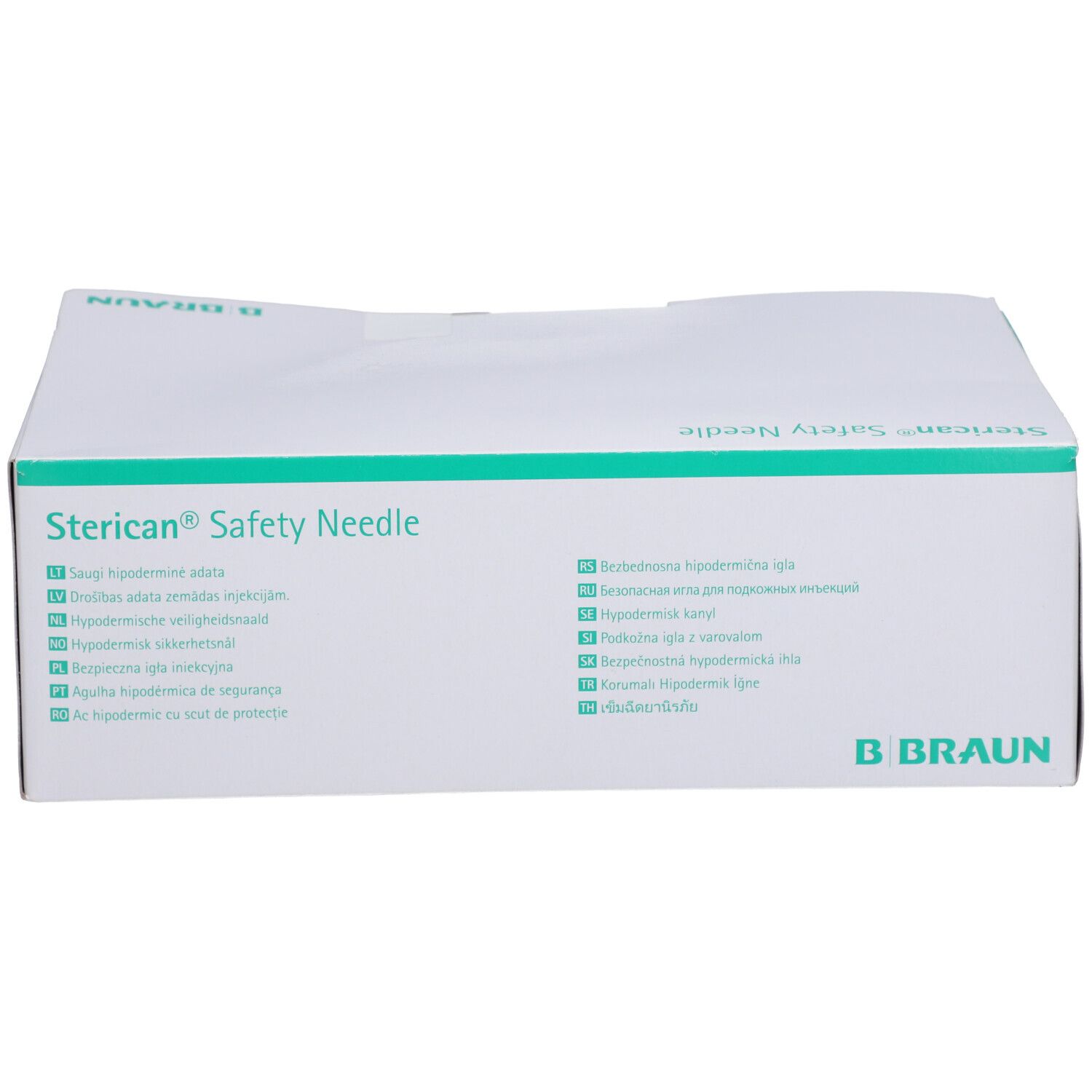 Boîte Sterican® Safety Needle. Logo B. Braun et informations produit multilingues.