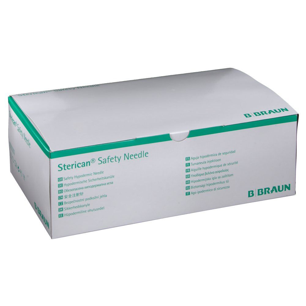 Boîte de seringues de sécurité Sterican de B. Braun. Carton blanc avec accents verts et nom du produit.