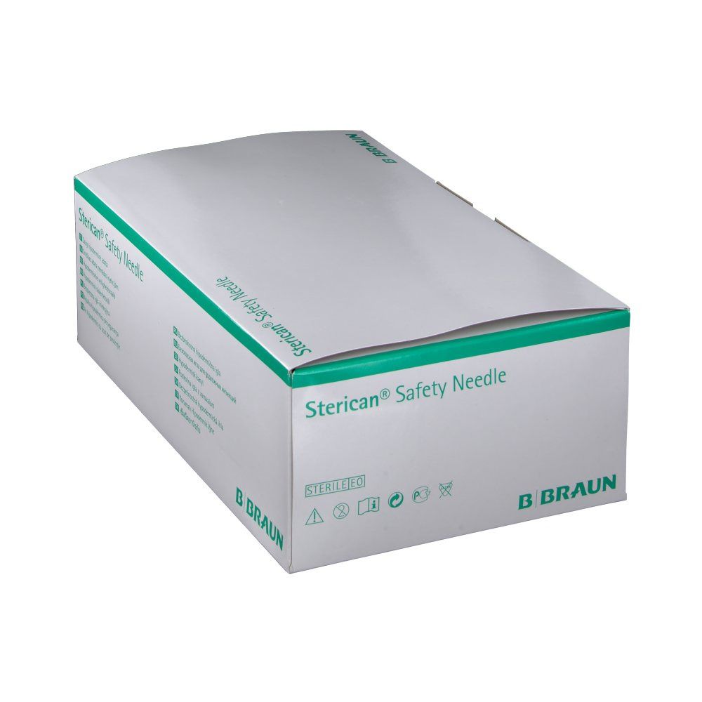 Boîte de seringues de sécurité Sterican. Carton blanc avec détails verts et nom du produit. Stérilisé.