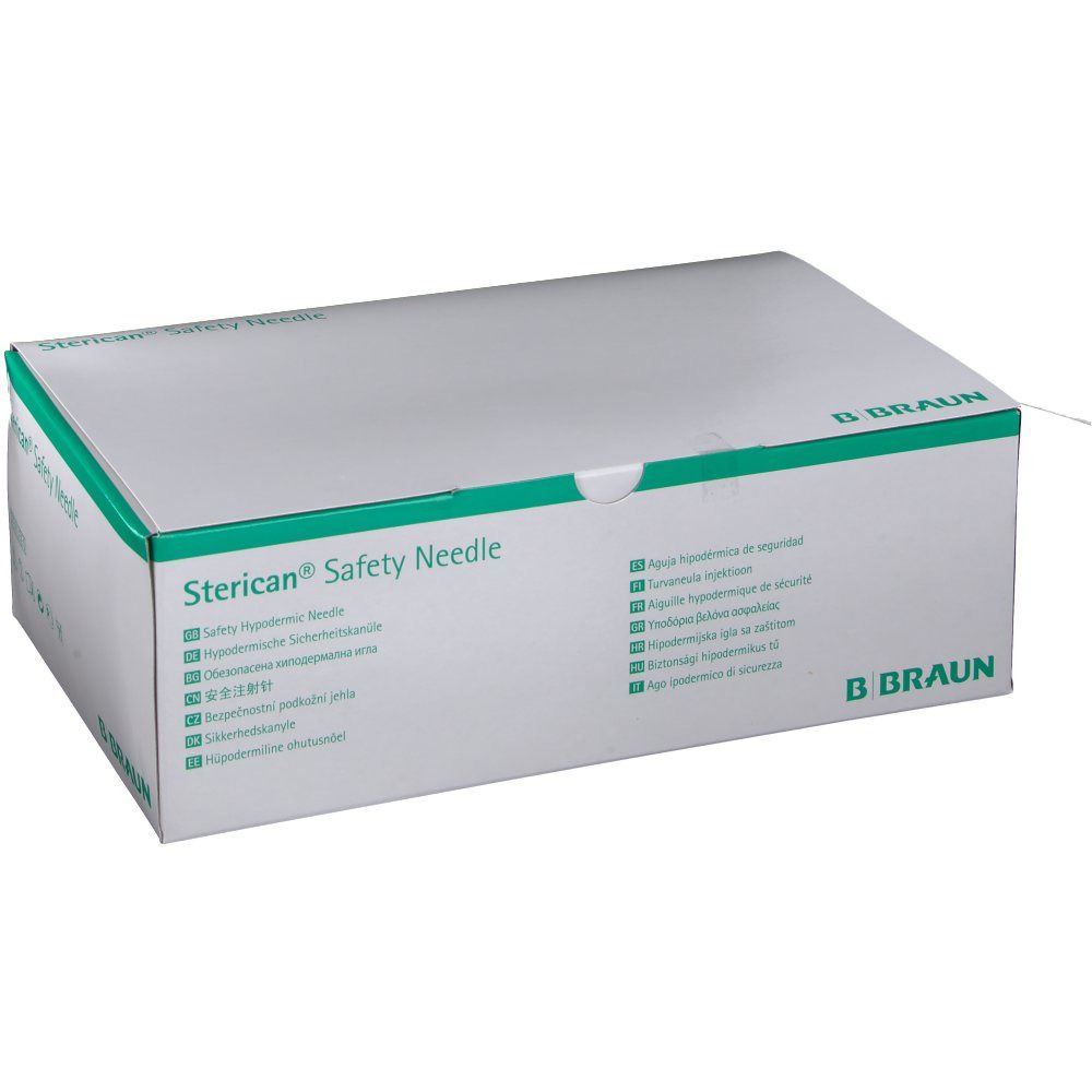 Boîte de Sterican® Safety Needle. Carton blanc avec accents verts et texte multilingue. Logo B. Braun.