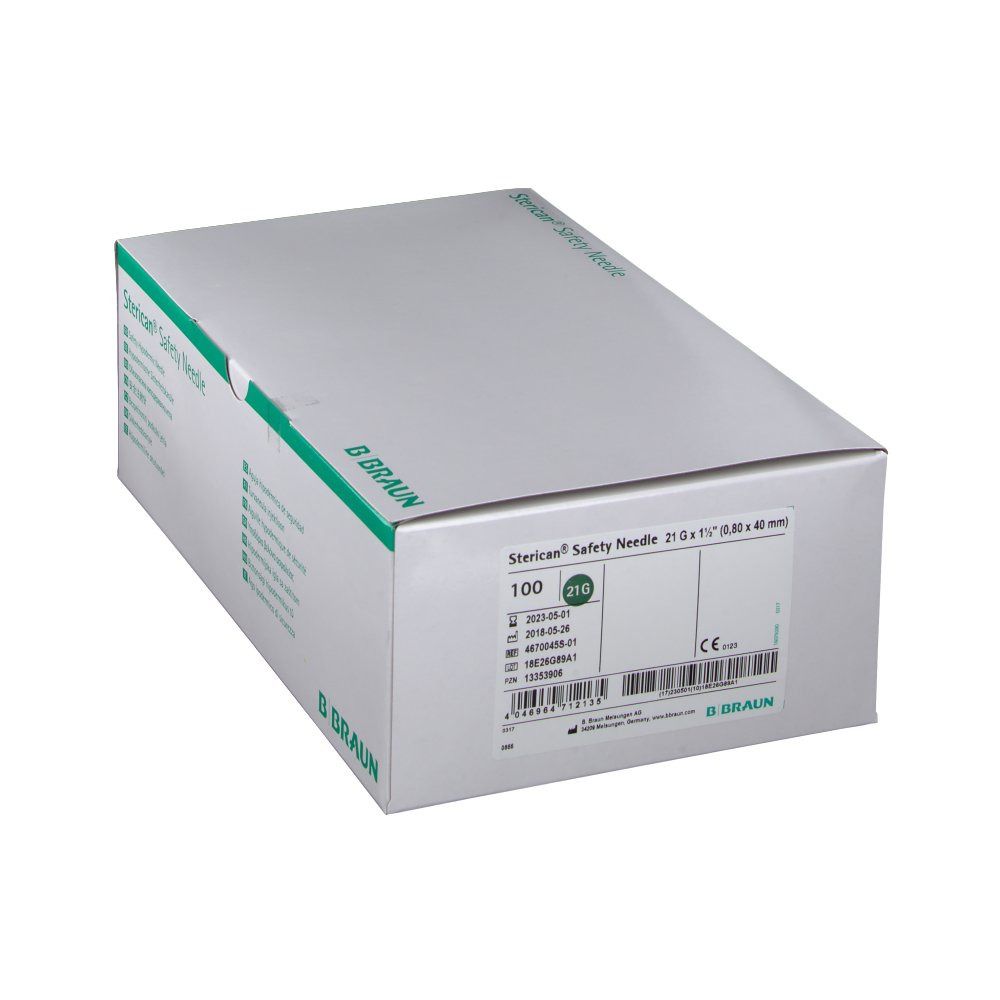 Boîte de Sterican® Safety Needle. Contient 100 aiguilles. Informations produit et marquage CE. Logo B. Braun.