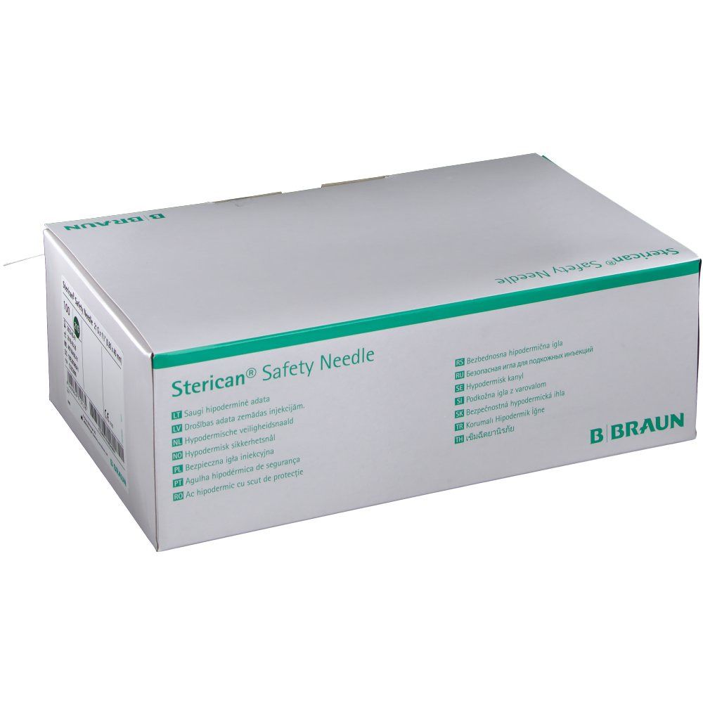 Boîte de Sterican® Safety Needle. Carton blanc avec accents verts et texte multilingue. Logo B. Braun.