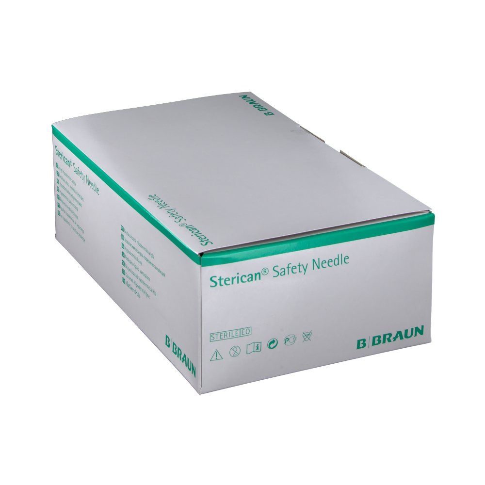 Boîte de Sterican® Safety Needle. Carton blanc avec accents verts et texte multilingue. Logo B. Braun.