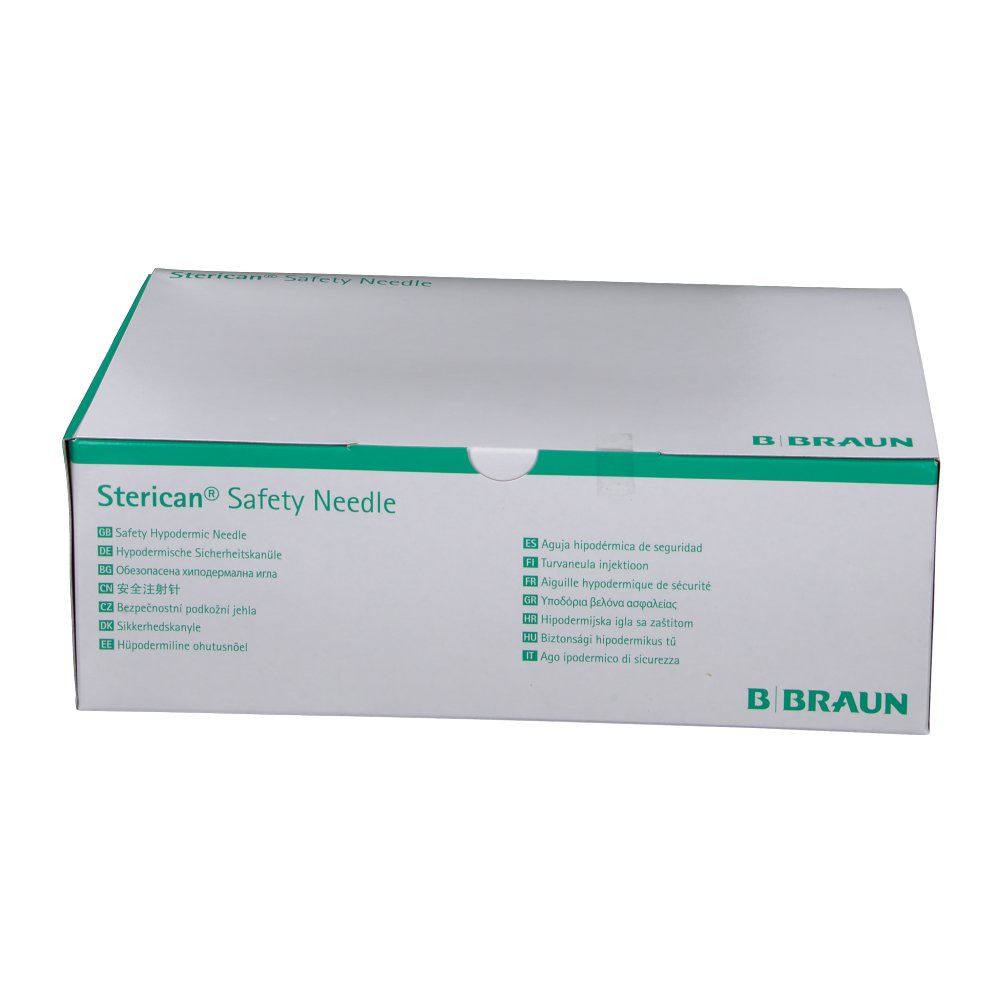 Boîte de Sterican® Safety Needle. Carton blanc avec accents verts et texte multilingue. Logo B. Braun.