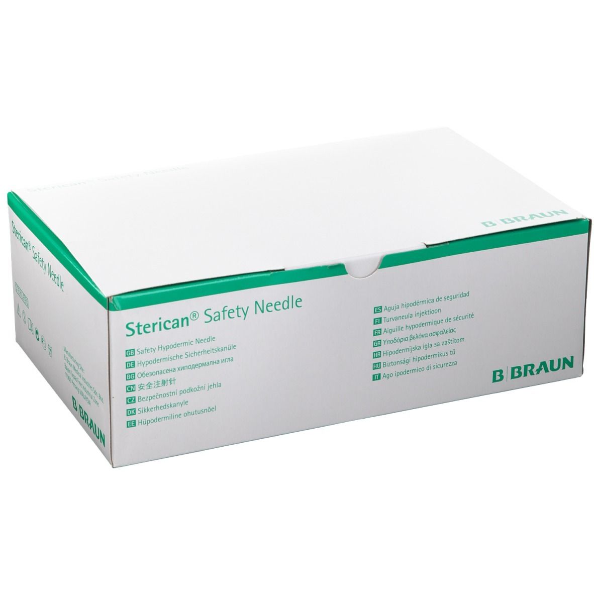 Boîte "Sterican Safety Needle" et logo B. Braun. Inscriptions multilingues. Emballage vert et blanc.