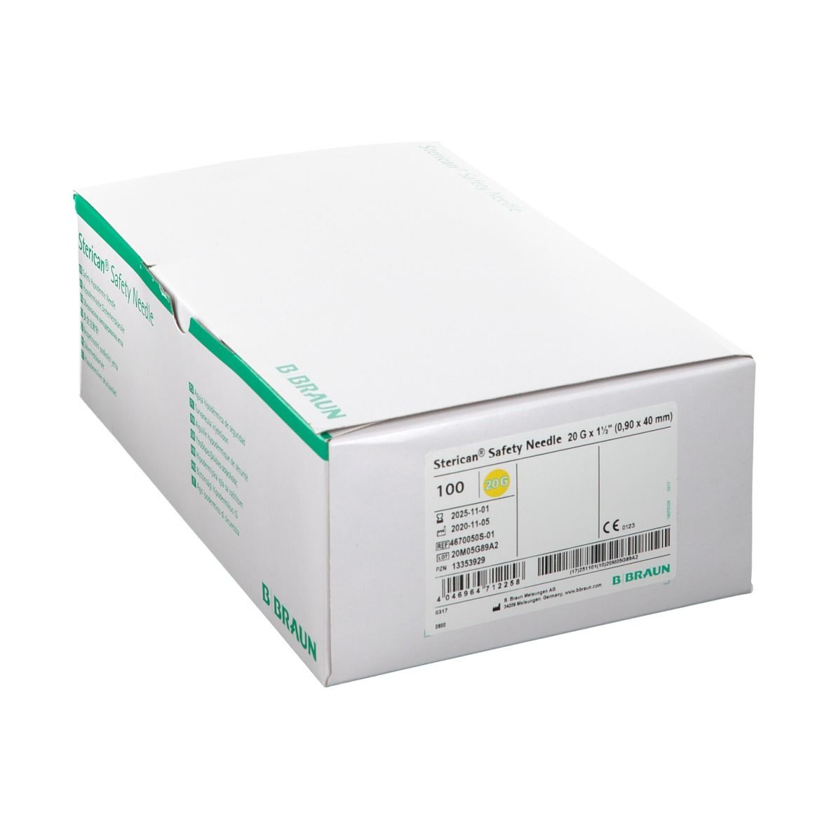 Boîte "Sterican Safety Needle" et logo B. Braun. Contient 100 aiguilles. Informations produit et marquage CE.