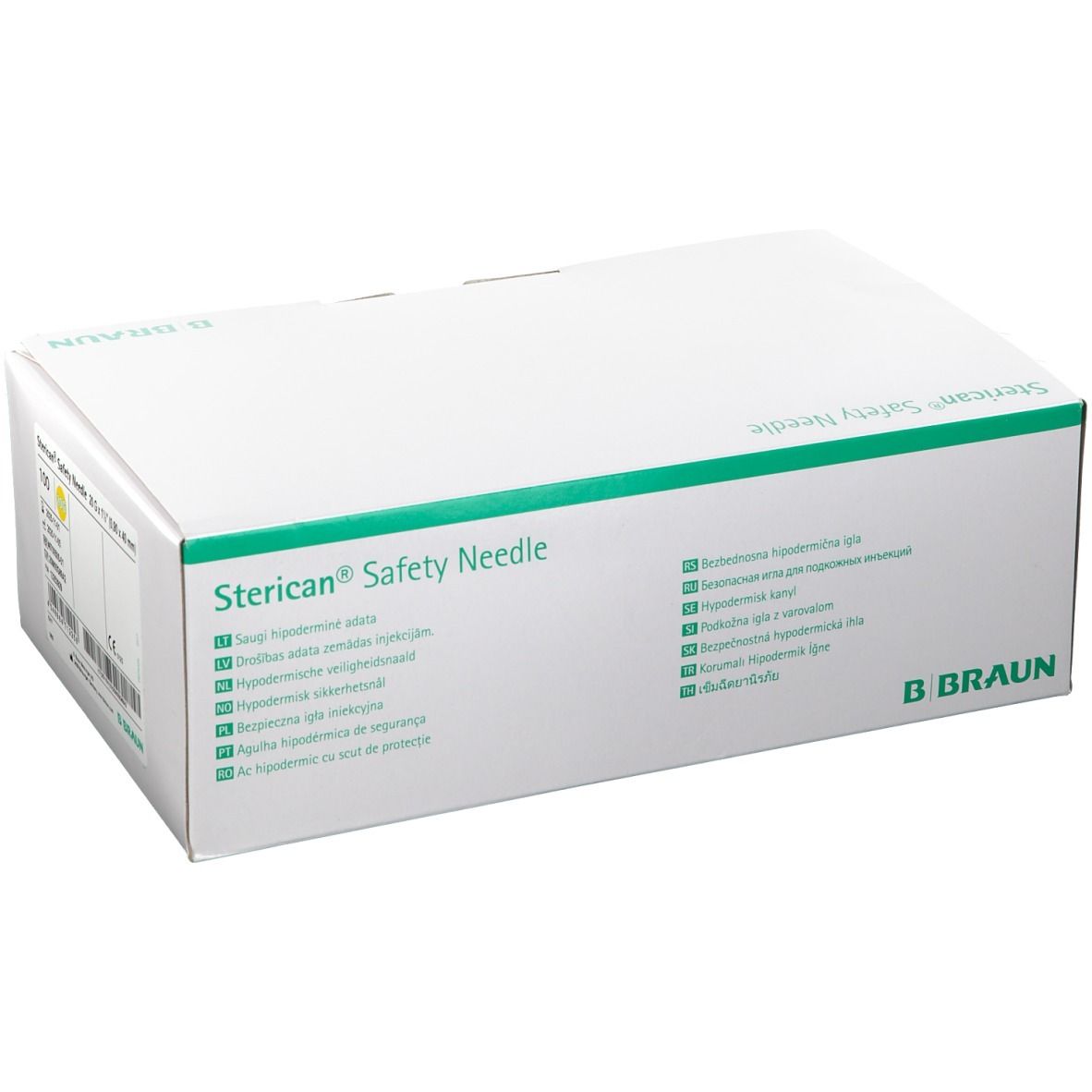 Boîte "Sterican Safety Needle" et logo B. Braun. Inscriptions multilingues. Emballage vert et blanc.